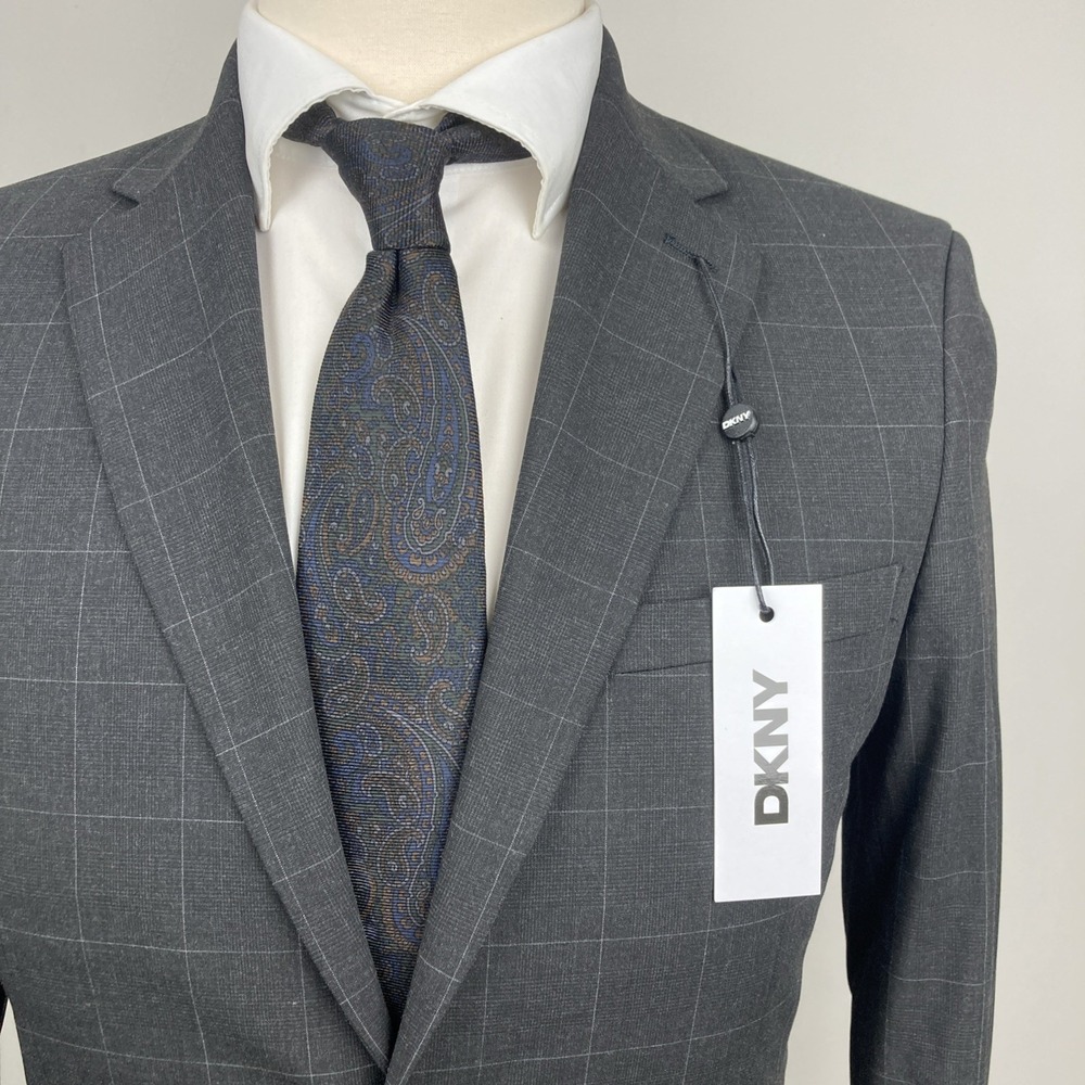 DKNY Mens Modern Fit 2 Piece Suit 36R 29W 32L Charcoal Plaid - Picture 4 of 8